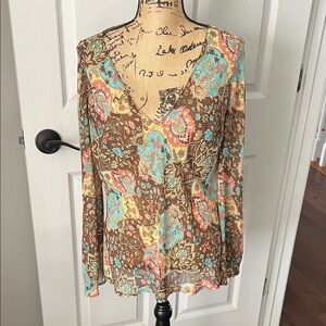 LOFT Floral V-Neck Blouse - Brown and Blue medium